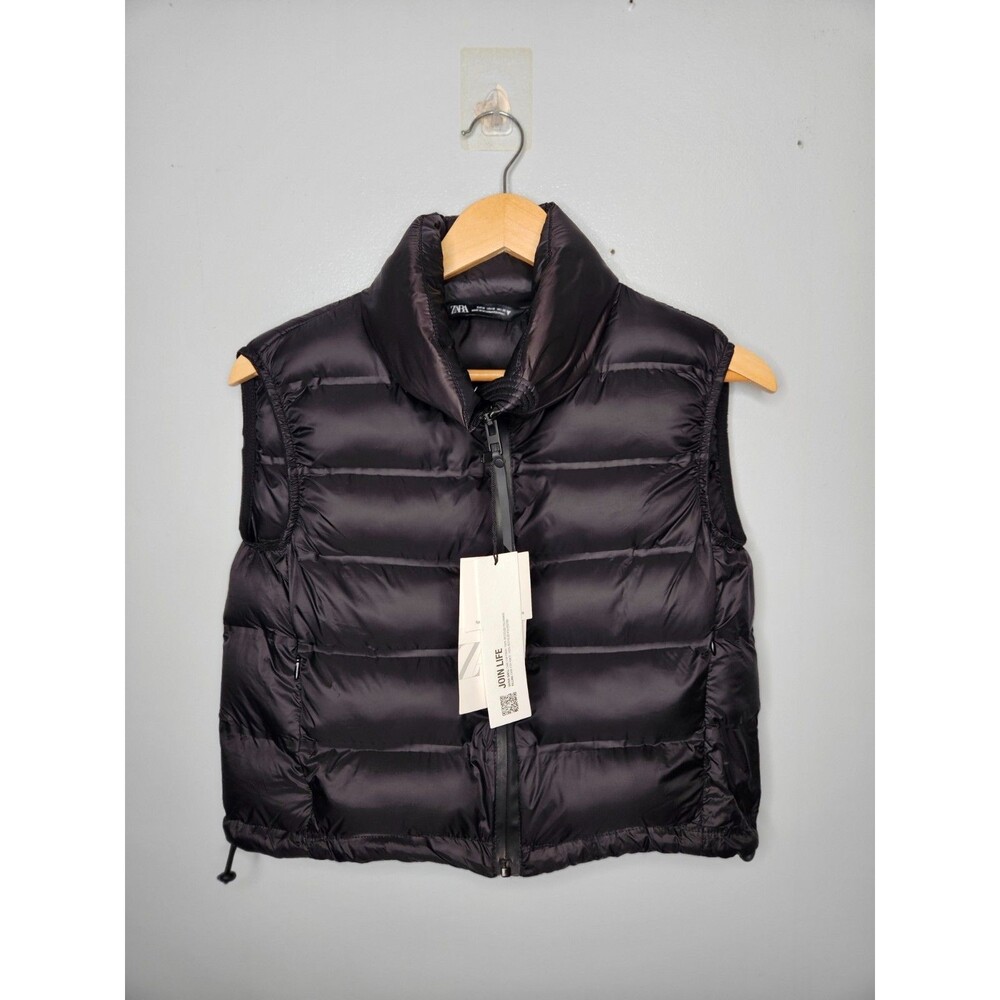 ZARA Puffer Vest Womens M Black Water Repellent Windproof Lightweight Cropped